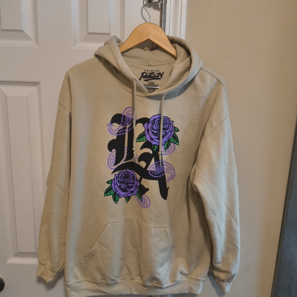 Popular Poison Hoodie Beige LA Graphic Purple Roses Size Large Streetwear
